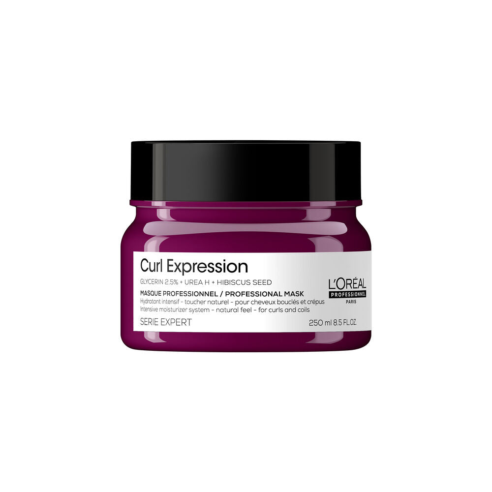 Masque hydratant Curl Expression L’Oréal Professionnel 250 ml, pot violet framboise avec couvercle noir et étiquette blanche, sur fond blanc.