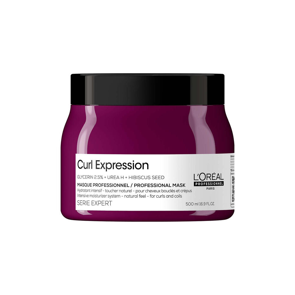 Masque hydratant intensif Curl Expression L’Oréal Professionnel 500 ml, grand pot violet framboise avec couvercle noir, pour cheveux bouclés et crépus.