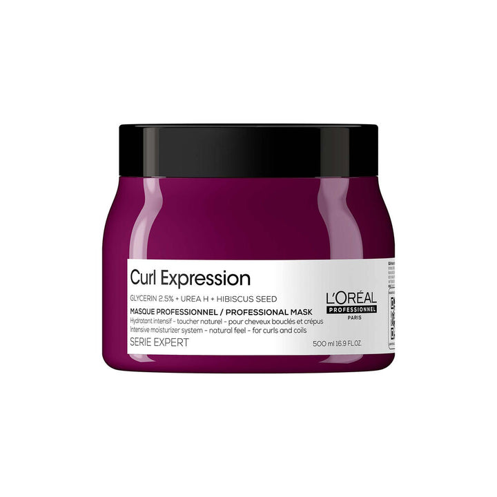 Masque hydratant intensif Curl Expression L’Oréal Professionnel 500 ml, grand pot violet framboise avec couvercle noir, pour cheveux bouclés et crépus.