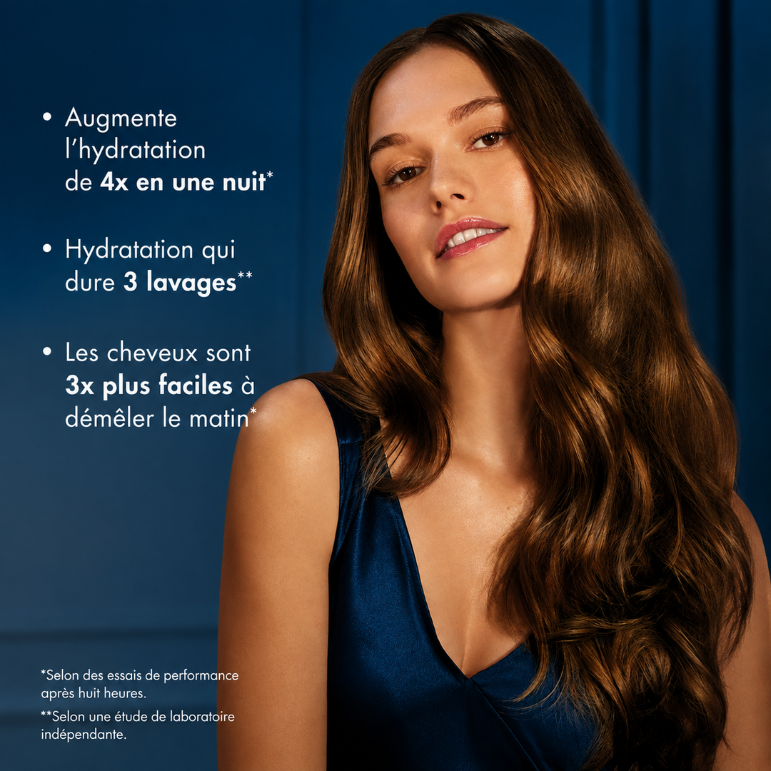 Photo du modèle aux cheveux bruns
Femme aux longs cheveux bruns brillants illustrant les bienfaits hydratants et démêlants du masque de nuit sans rinçage Moroccanoil.