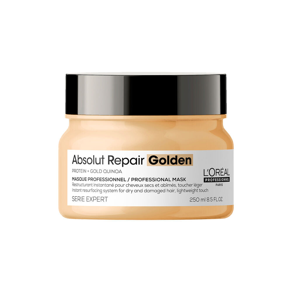 Masque L’ORÉAL Professionnel Absolut Repair Golden 250 ml aux protéines et quinoa doré, pot doré avec couvercle noir sur fond blanc.