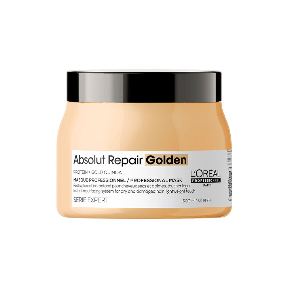 Masque L’ORÉAL Professionnel Absolut Repair Golden 500 ml pour cheveux secs et abîmés, grand pot doré avec couvercle noir sur fond blanc.