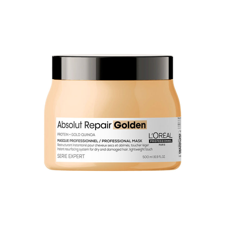 Masque L’ORÉAL Professionnel Absolut Repair Golden 500 ml pour cheveux secs et abîmés, grand pot doré avec couvercle noir sur fond blanc.