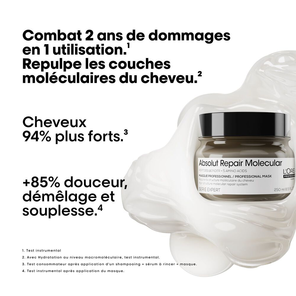 Masque L’Oréal Absolut Repair Molecular 250 ml présenté avec une texture de soin blanche et ses bénéfices de force, douceur, démêlage et souplesse.