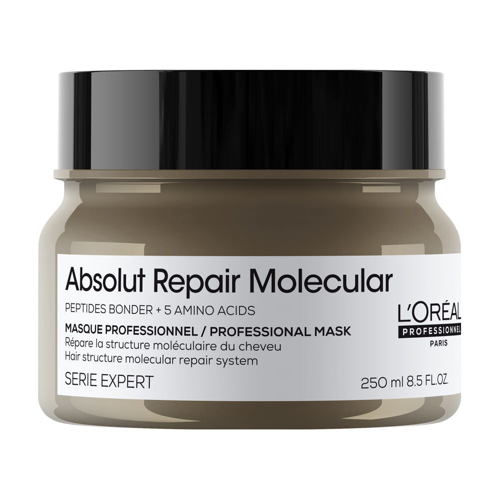 Masque L’Oréal Professionnel Absolut Repair Molecular 250 ml, pot brun taupe avec couvercle noir et étiquette blanche, sur fond blanc.