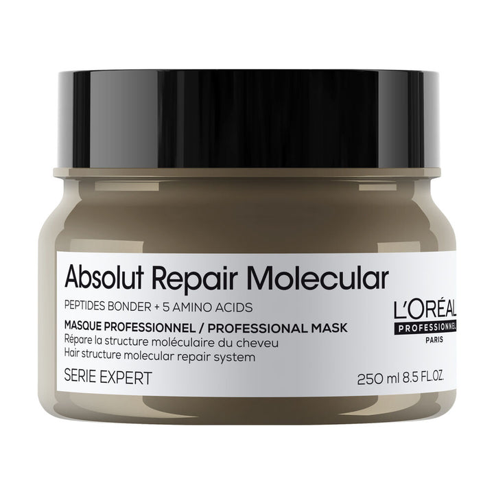 Masque L’Oréal Professionnel Absolut Repair Molecular 250 ml, pot brun taupe avec couvercle noir et étiquette blanche, sur fond blanc.