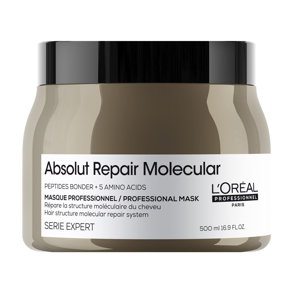 Masque L’Oréal Professionnel Absolut Repair Molecular 500 ml, grand pot brun taupe avec couvercle noir et étiquette blanche, sur fond blanc.
