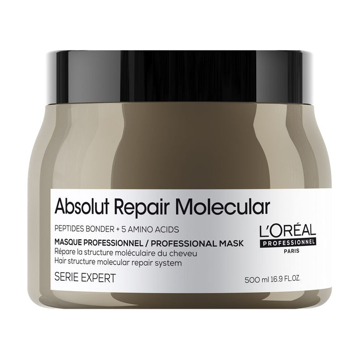 Masque L’Oréal Professionnel Absolut Repair Molecular 500 ml, grand pot brun taupe avec couvercle noir et étiquette blanche, sur fond blanc.