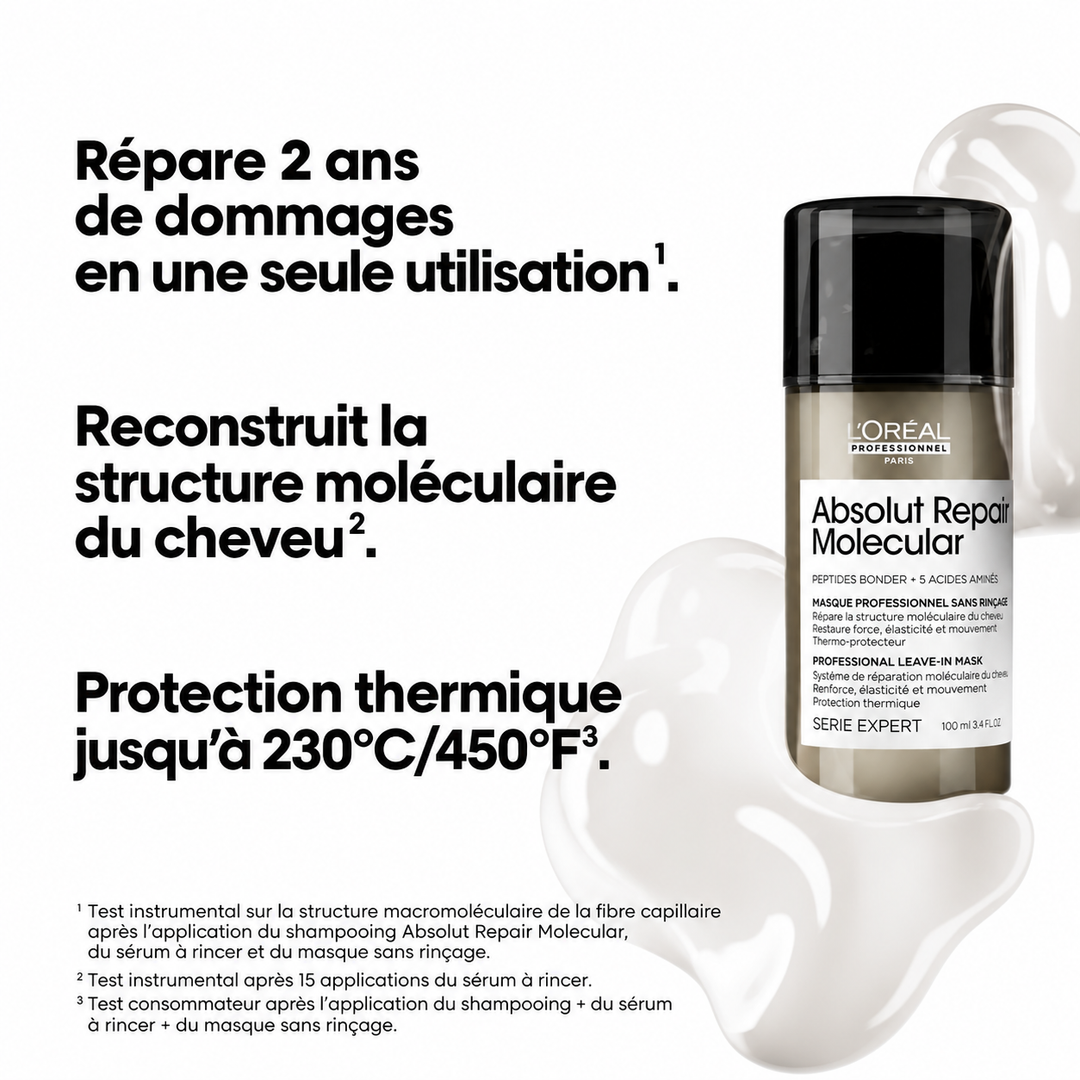 Masque L’Oréal Absolut Repair Molecular sans rinçage pour cheveux abîmés, avec réparation moléculaire et protection thermique jusqu’à 230 °C.