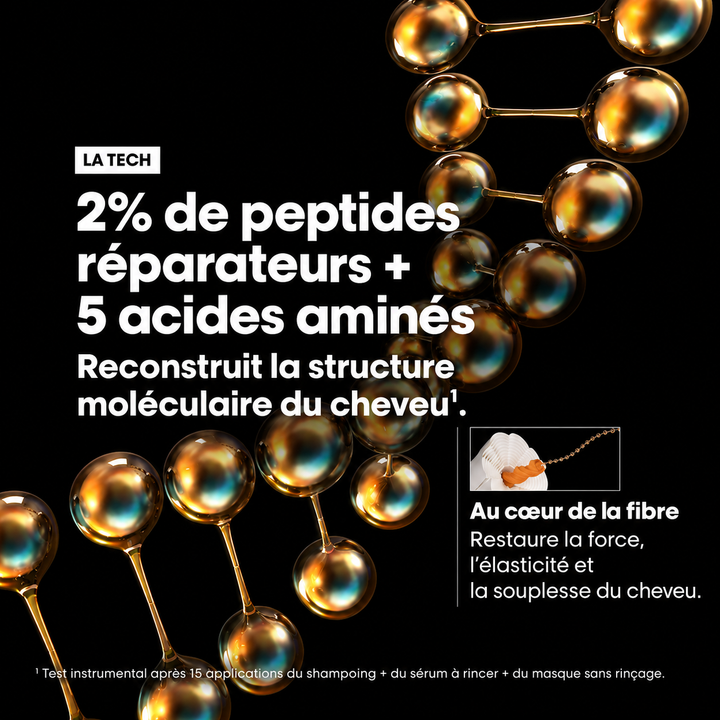 Technologie L’Oréal Absolut Repair Molecular avec 2 % de Peptides Bonder et 5 acides aminés pour renforcer et restaurer la fibre capillaire.