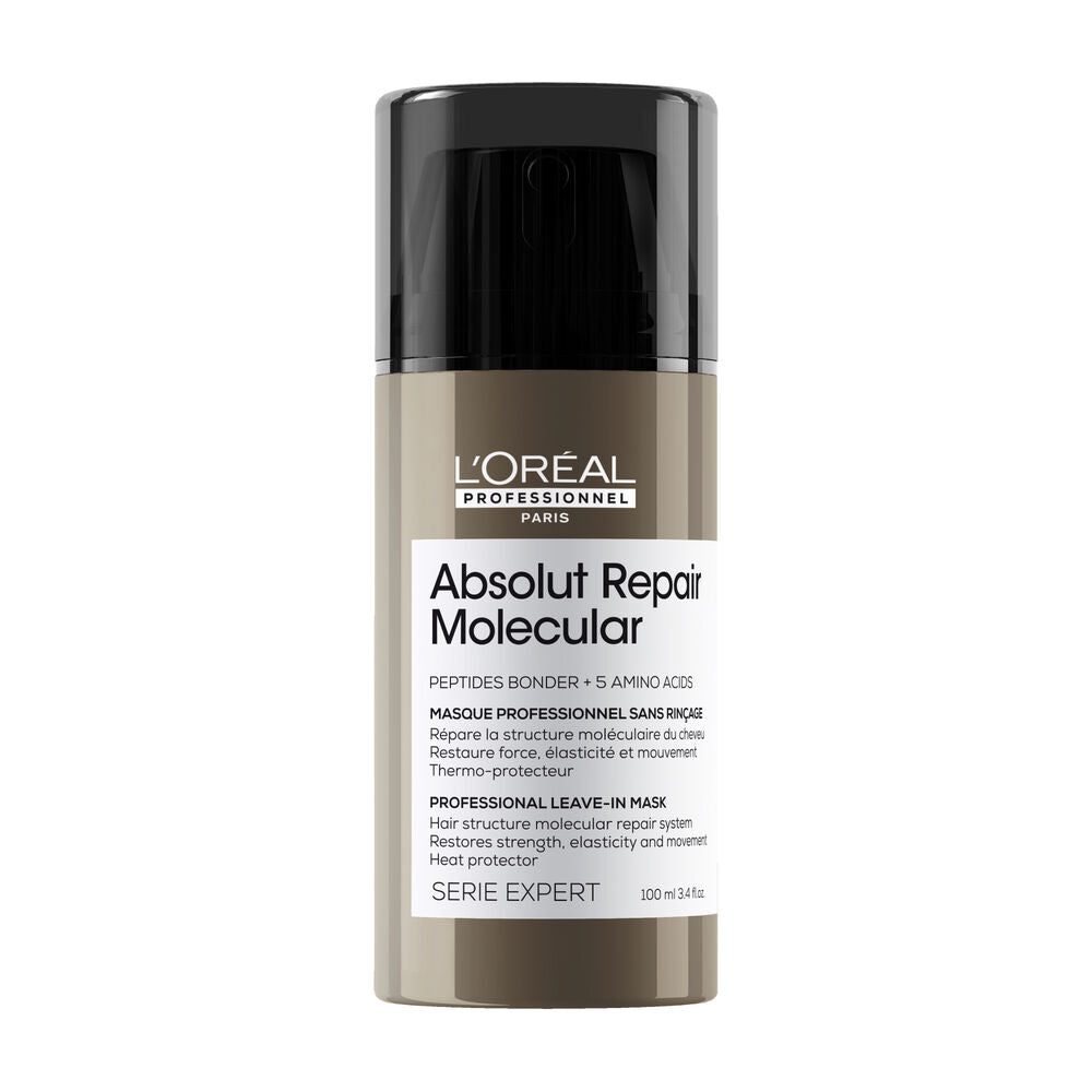 Masque sans rinçage L’Oréal Professionnel Absolut Repair Molecular 100 ml, flacon beige avec capuchon noir pour cheveux abîmés.