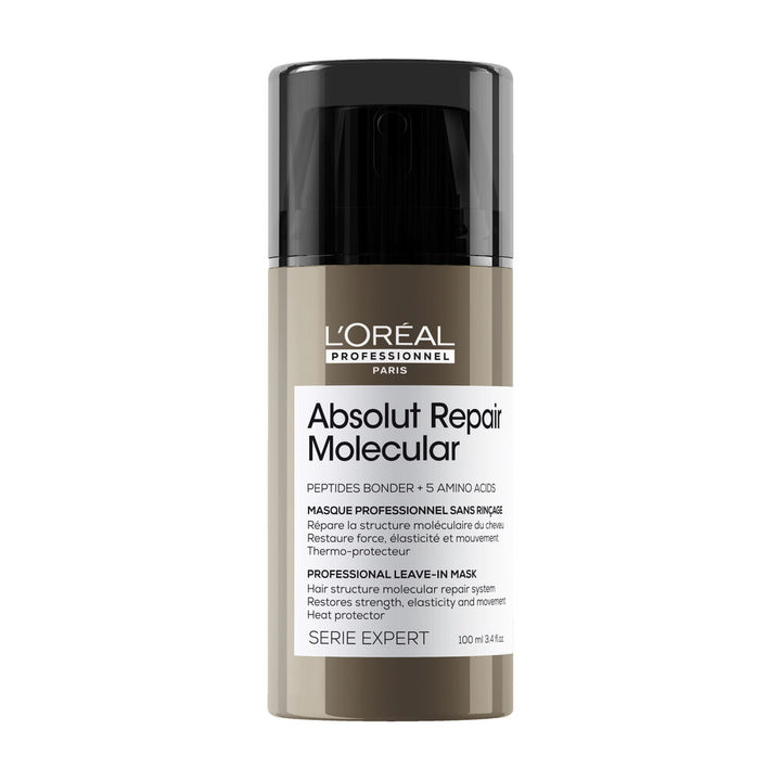 Masque sans rinçage L’Oréal Professionnel Absolut Repair Molecular 100 ml, flacon beige avec capuchon noir pour cheveux abîmés.
