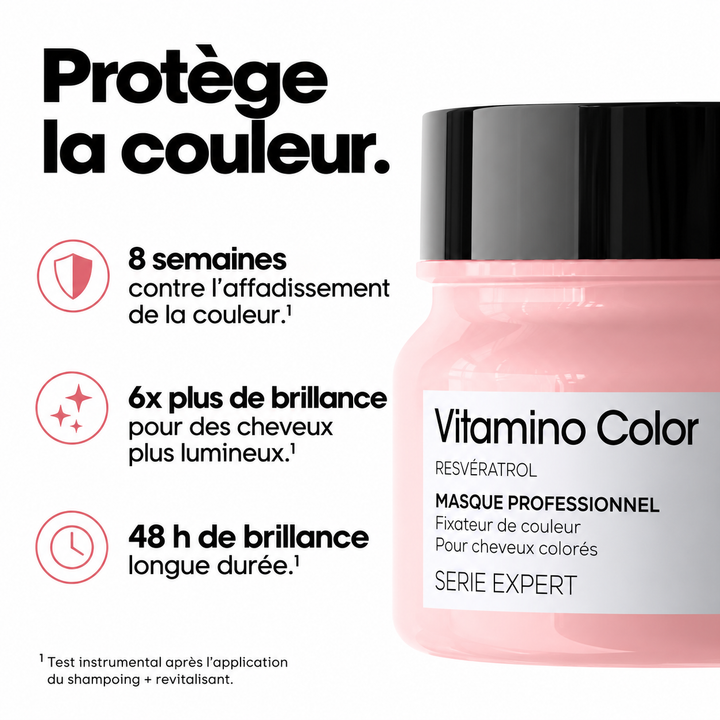 Masque L’ORÉAL Professionnel Vitamino Color rose avec visuel présentant la protection de la couleur, la brillance et le soin des cheveux colorés.