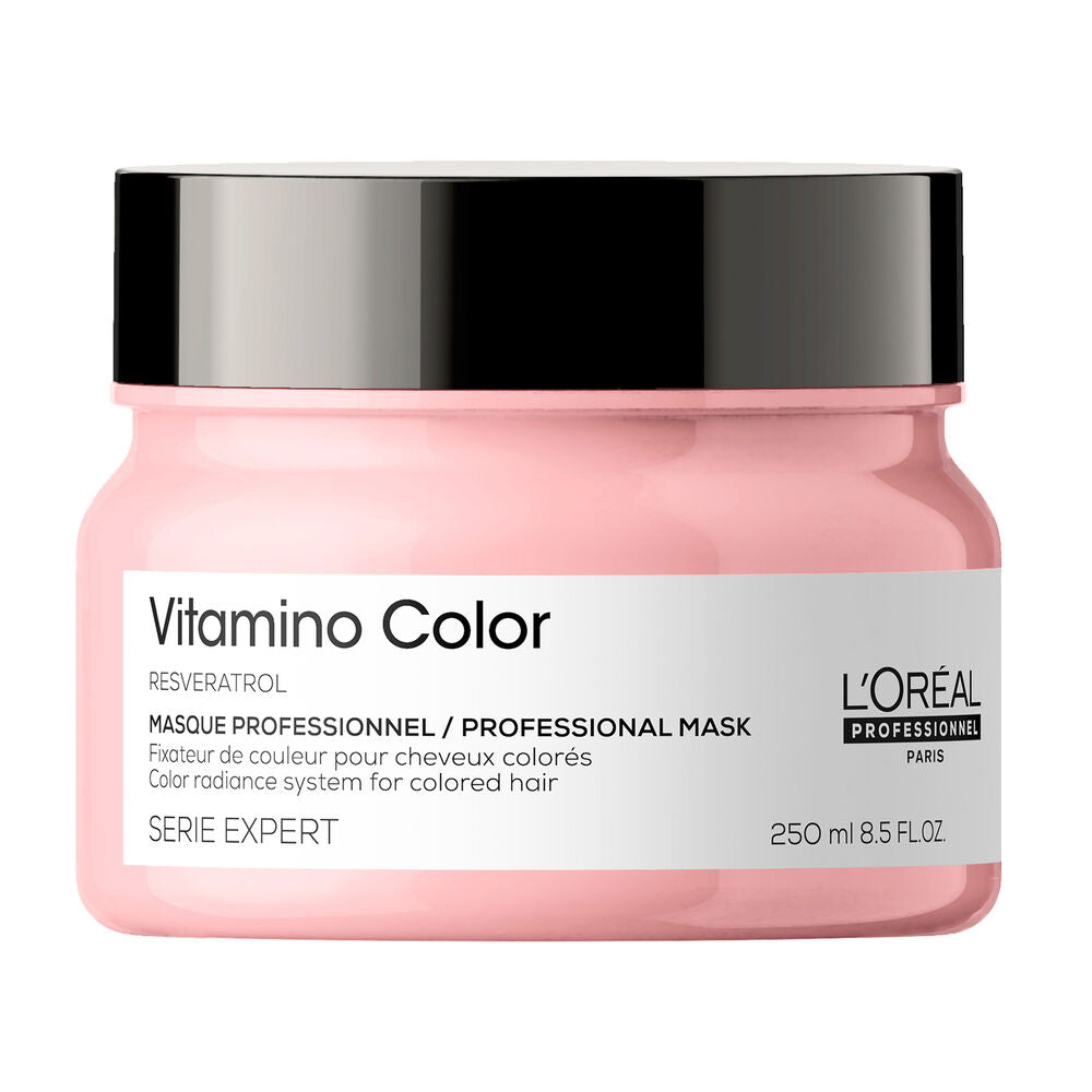 L’ORÉAL Professionnel Vitamino Color masque 250 ml au resvératrol pour cheveux colorés, pot rose avec couvercle noir sur fond blanc.