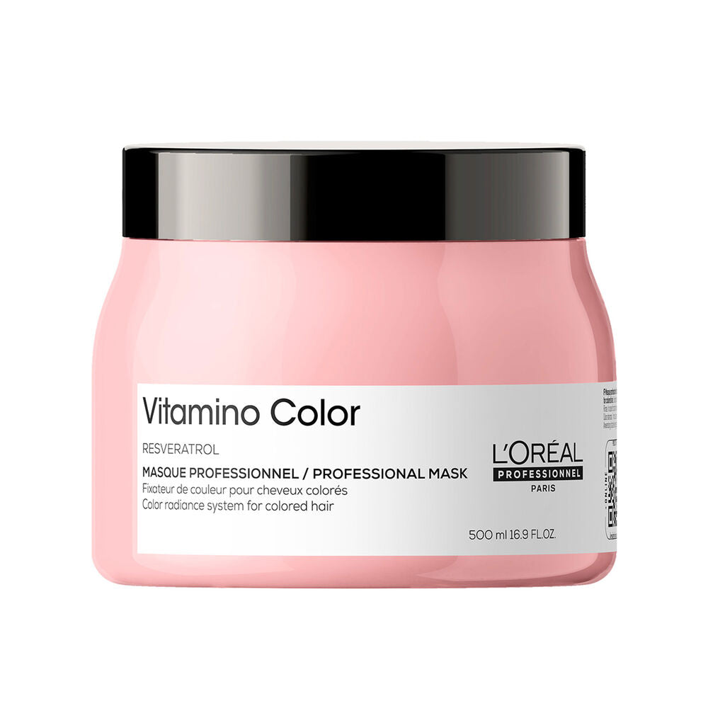 L’ORÉAL Professionnel Vitamino Color masque 500 ml au resvératrol pour cheveux colorés, grand pot rose avec couvercle noir sur fond blanc.