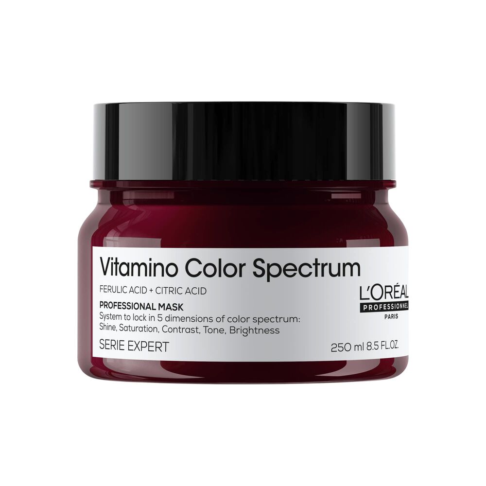 Masque L’Oréal Professionnel Vitamino Color Spectrum 250 ml pour cheveux colorés, pot bordeaux avec couvercle noir et étiquette blanche sur fond blanc.