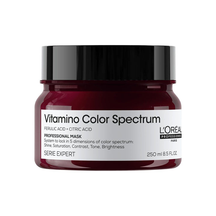 Masque L’Oréal Professionnel Vitamino Color Spectrum 250 ml pour cheveux colorés, pot bordeaux avec couvercle noir et étiquette blanche sur fond blanc.