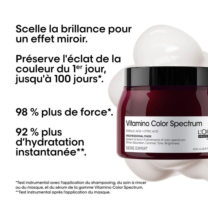 Masque L’Oréal Vitamino Color Spectrum 500 ml pour cheveux colorés, 98 % plus de force, 92 % plus d’hydratation instantanée et brillance effet miroir.