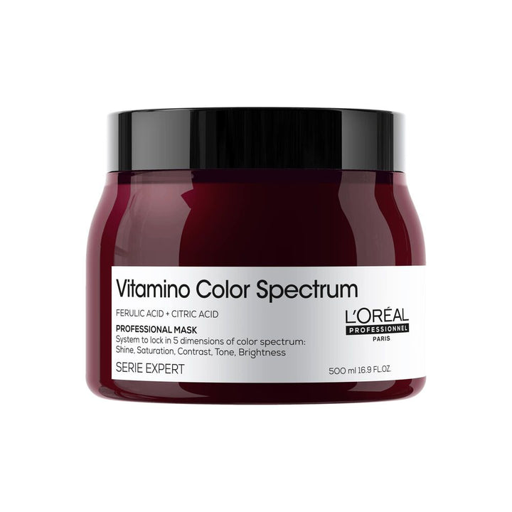 Masque professionnel L’Oréal Vitamino Color Spectrum 500 ml pour cheveux colorés, grand pot bordeaux avec couvercle noir brillant sur fond blanc.