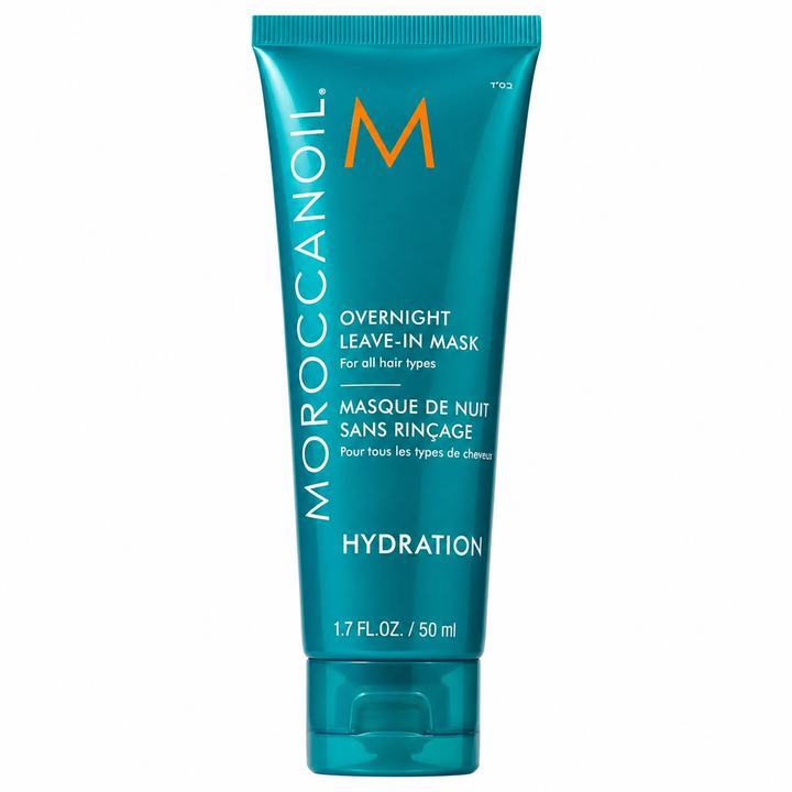 Masque de nuit sans rinçage Moroccanoil Hydration 50 ml en tube turquoise, soin capillaire hydratant pour tous types de cheveux.