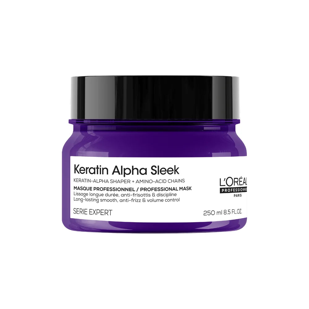 Masque L’Oréal Professionnel Keratin Alpha Sleek 250 ml en pot violet avec couvercle noir, soin nourrissant lissant et anti-frisottis pour cheveux.