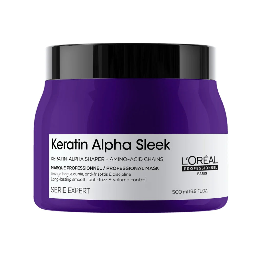 Masque capillaire L’Oréal Professionnel Keratin Alpha Sleek 500 ml en pot violet avec couvercle noir, soin lissant pour cheveux indisciplinés.
