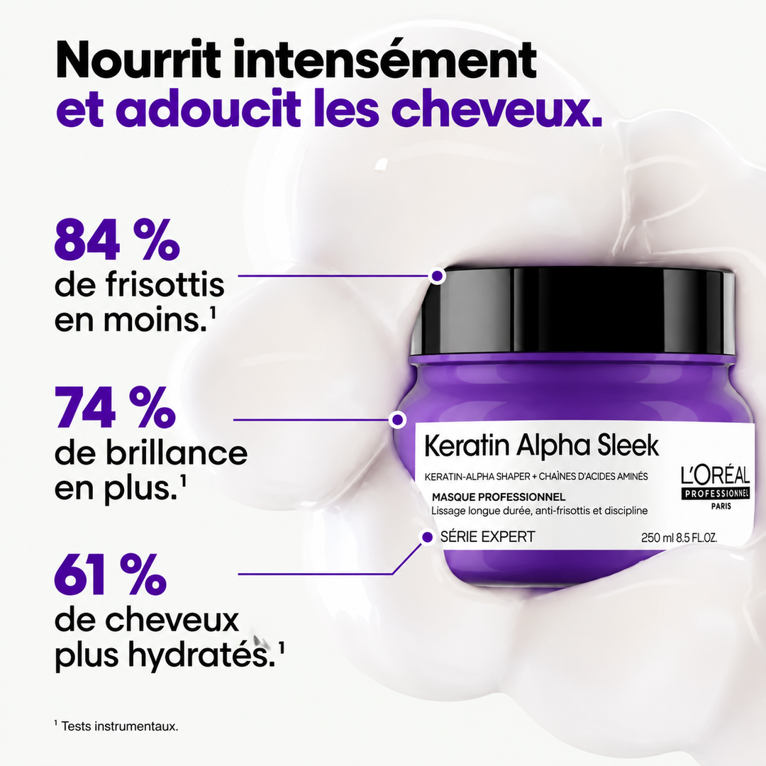 Masque L’Oréal Professionnel Keratin Alpha Sleek avec 84 % de frisottis en moins, 74 % de brillance en plus et 61 % de cheveux plus hydratés.