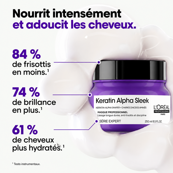 Masque L’Oréal Professionnel Keratin Alpha Sleek avec 84 % de frisottis en moins, 74 % de brillance en plus et 61 % de cheveux plus hydratés.