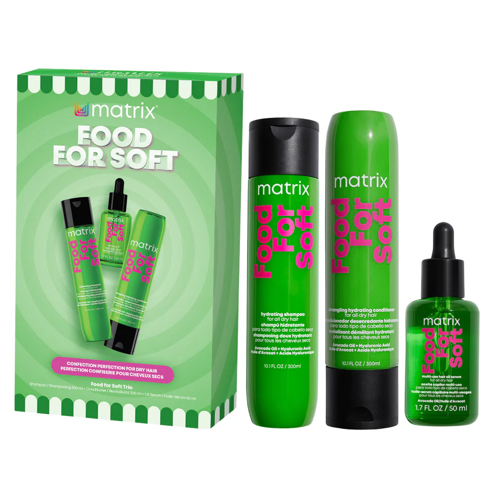 Coffret Matrix Food for Soft avec shampoing, revitalisant et huile-sérum, emballage vert édition spéciale, soins capillaires hydratants pour cheveux secs.