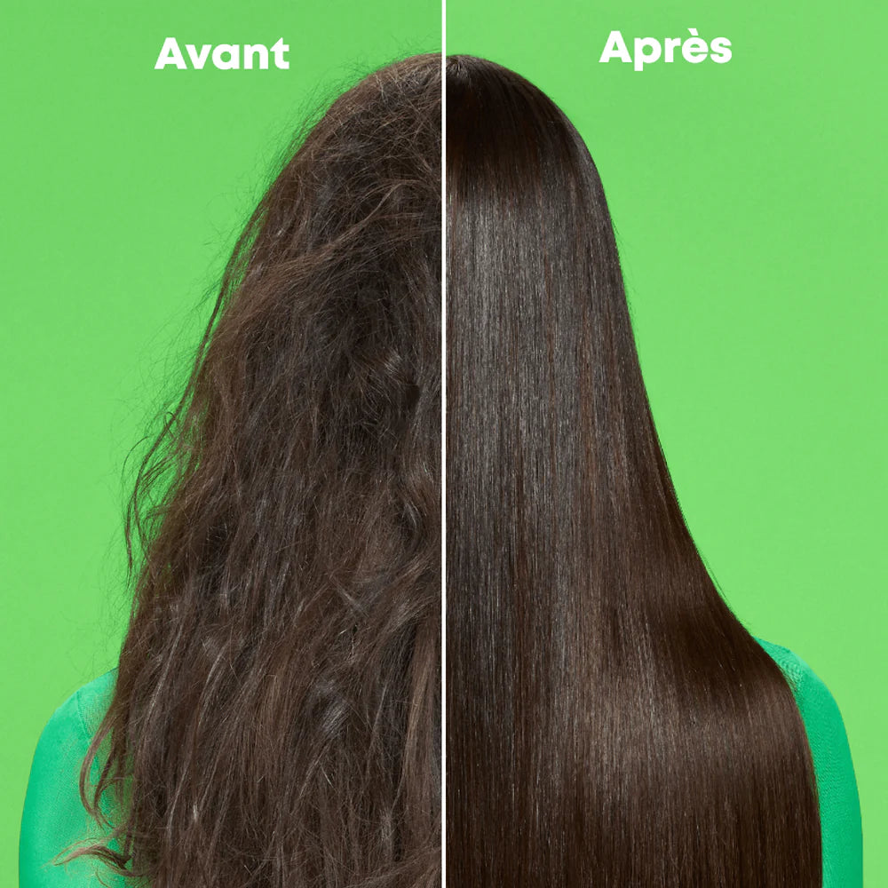 Avant après cheveux lisses avec produits Matrix Food for Soft, cheveux ternes devenus lisses, brillants et hydratés, résultat soin capillaire professionnel.