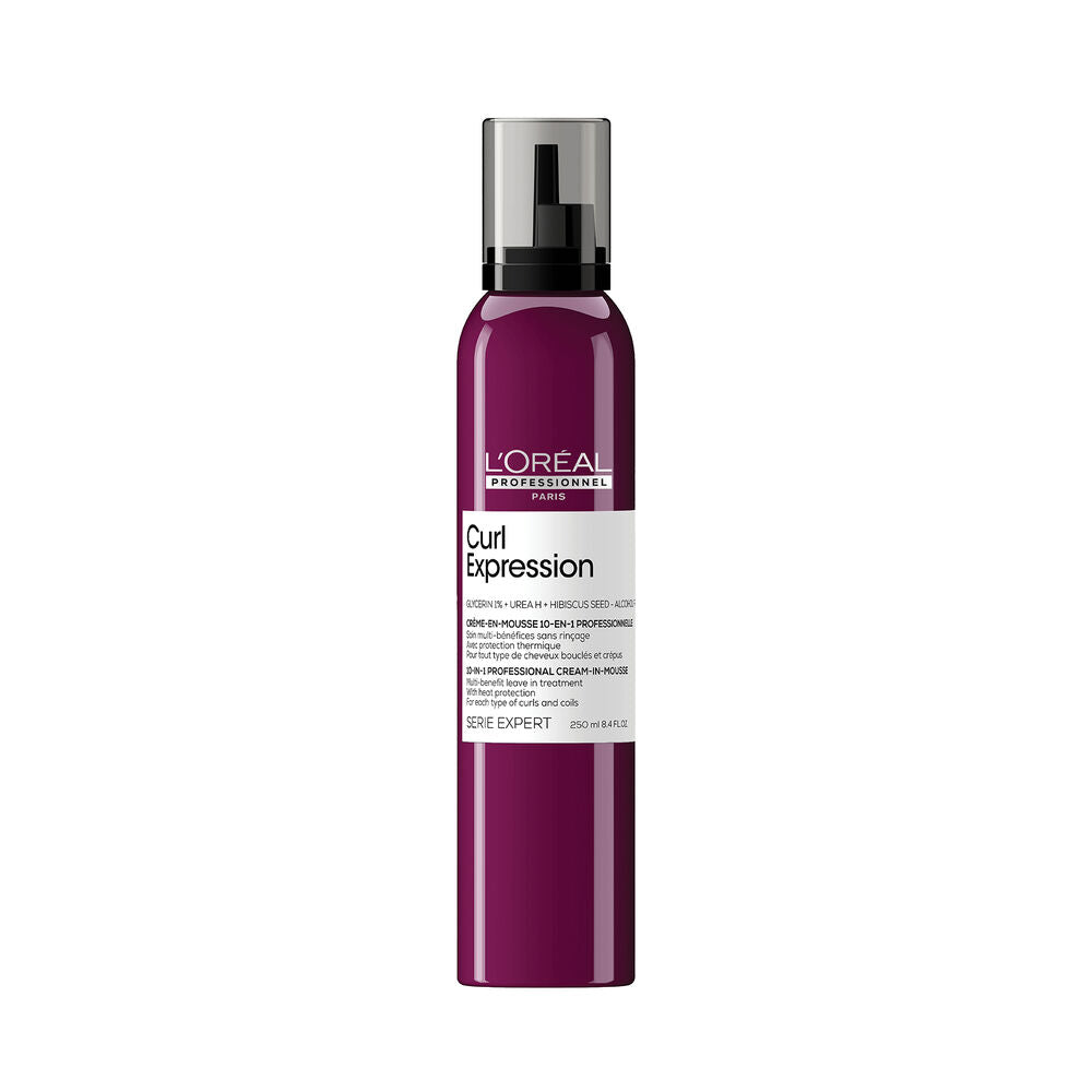 L’Oréal Professionnel Curl Expression Crème-en-Mousse 10-en-1 250 ml pour cheveux bouclés et frisés, flacon violet avec pompe noire sur fond blanc.