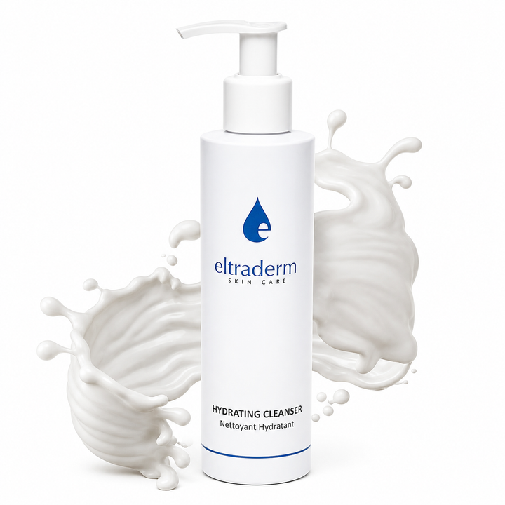 Nettoyant Hydratant Eltraderm 200 ml en bouteille blanche avec pompe, entouré d’un effet de crème éclaboussée sur fond blanc, illustrant sa texture hydratante et nourrissante.