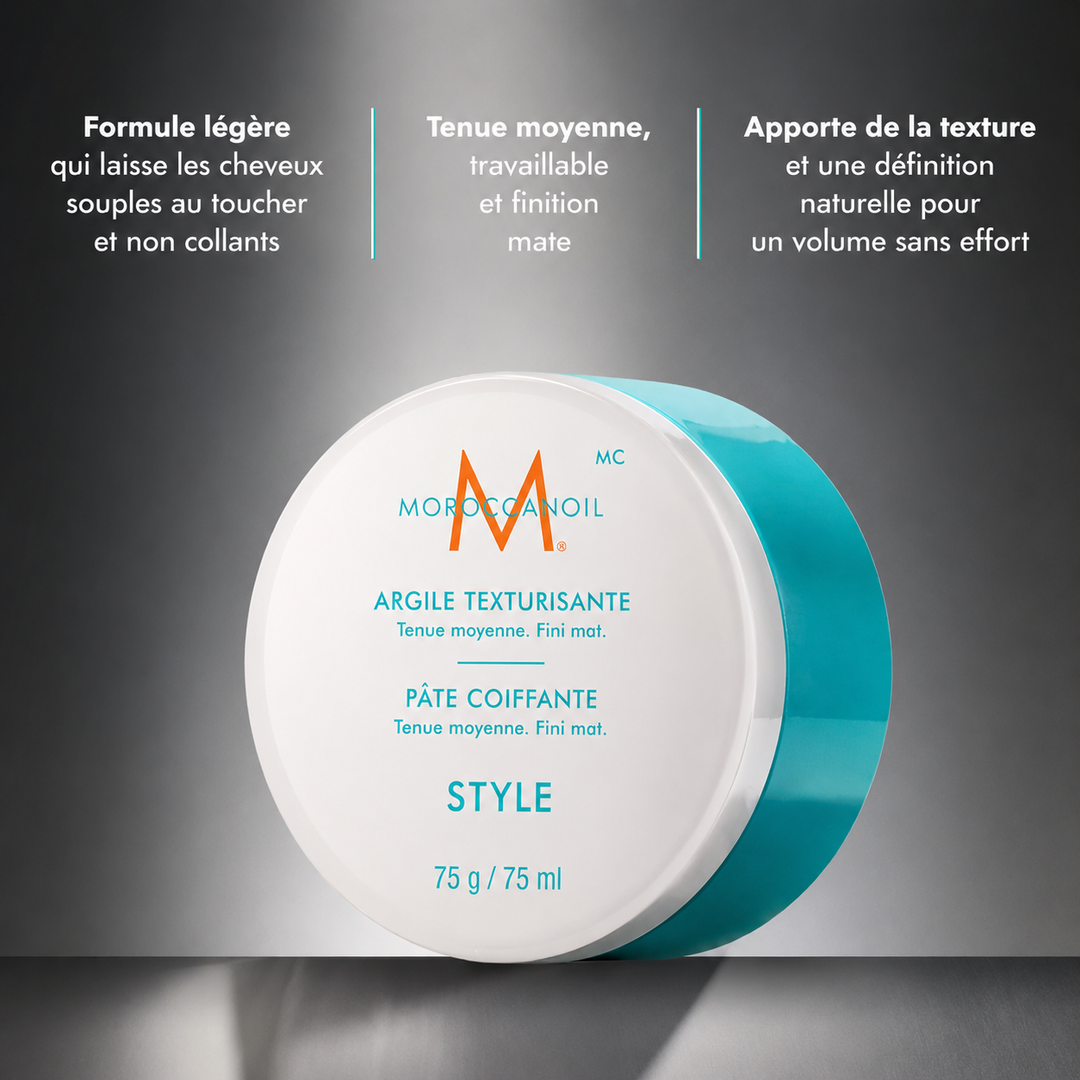 Infographie Moroccanoil Pâte Texturisante présentant une formule légère, une tenue moyenne avec finition mate et une texture naturelle pour un volume sans effort.