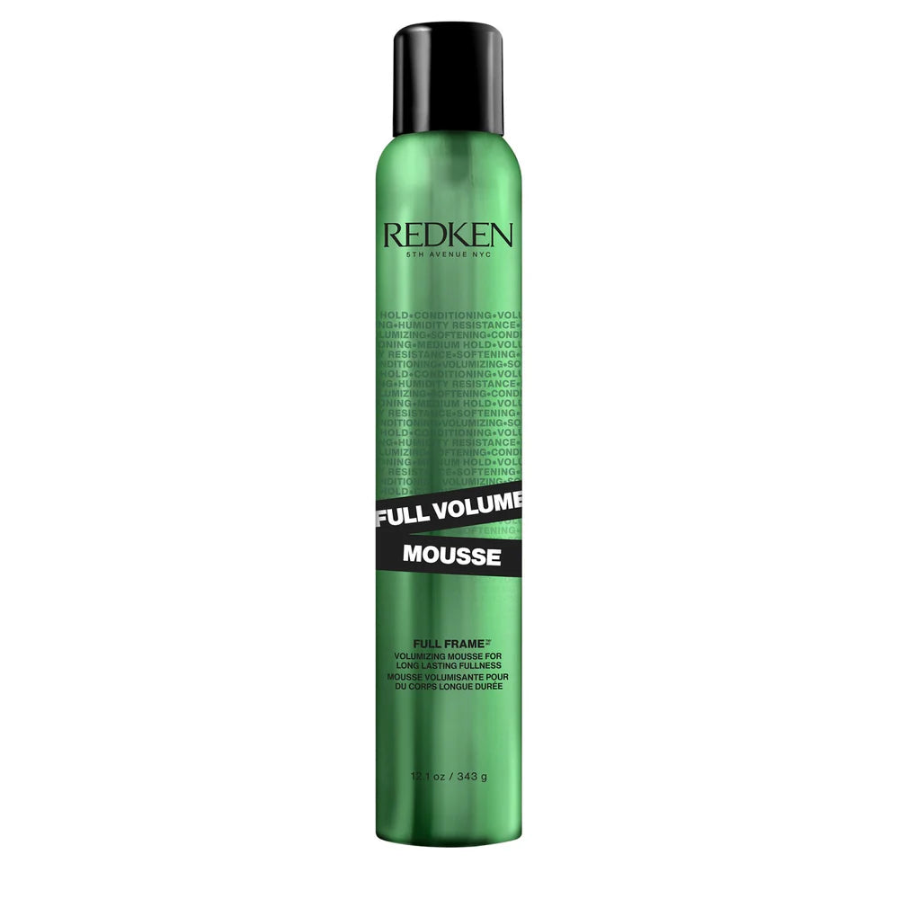 Bouteille aérosol REDKEN Full Volume mousse volumisante 343 g verte métallique avec bouchon noir pour cheveux fins sur fond blanc.