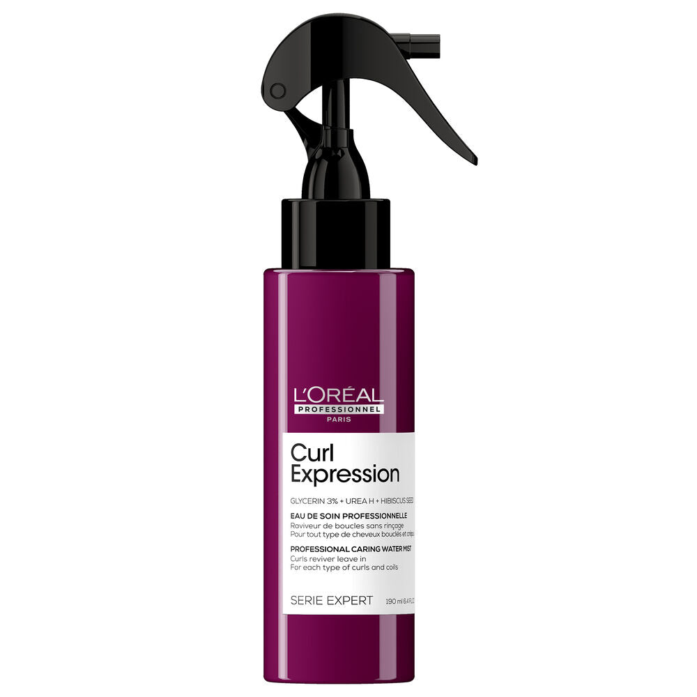 L’Oréal Professionnel Curl Expression Eau de Soin Raviveur de Boucles 190 ml, flacon violet avec vaporisateur noir, soin sans rinçage pour cheveux bouclés.