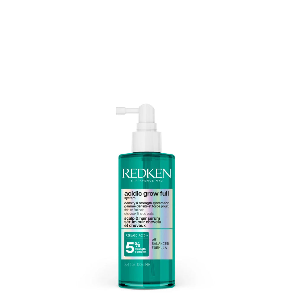 Sérum Redken Acidic Grow Full en flacon vert avec pompe blanche, soin densifiant pour cheveux fins sur fond clair