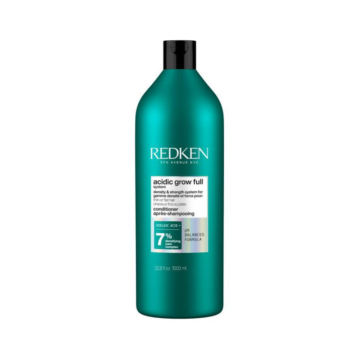 Après-shampooing Redken Acidic Grow Full en bouteille verte 1000 ml avec bouchon noir, soin densifiant pour cheveux fins sur fond clair