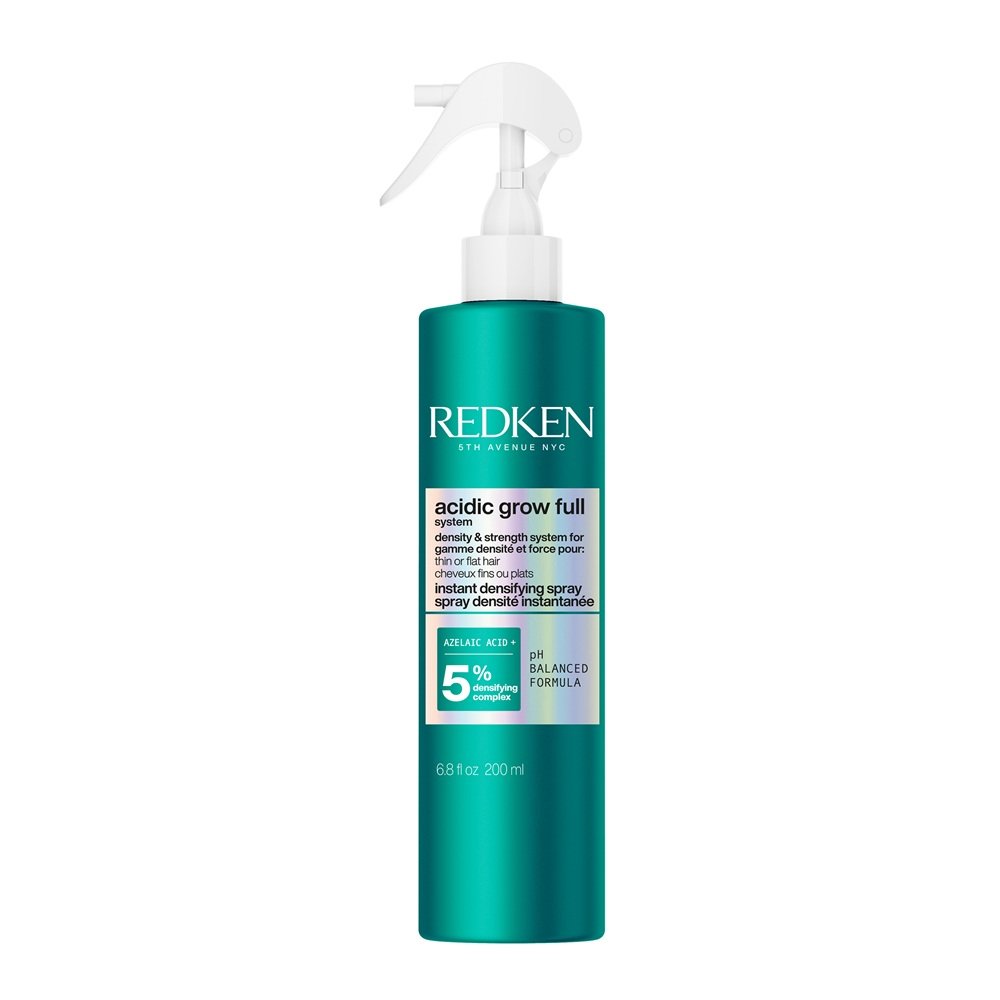 Spray densifiant Redken Acidic Grow Full en bouteille verte 200 ml avec vaporisateur blanc, soin volume instantané pour cheveux fins sur fond clair