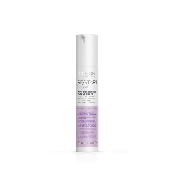 Flacon REVLON Professional Restart Color gouttes violettes anti-reflets chauds 50 ml, soin capillaire violet pour neutraliser les reflets jaunes sur cheveux blonds et décolorés, présenté sur fond gris clair.