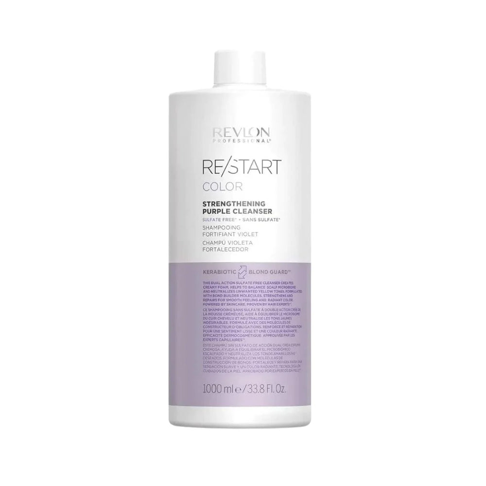 Bouteille litre REVLON RE/START Color shampooing fortifiant violet sans sulfate pour cheveux blonds, contenant blanc et mauve sur fond gris pâle.