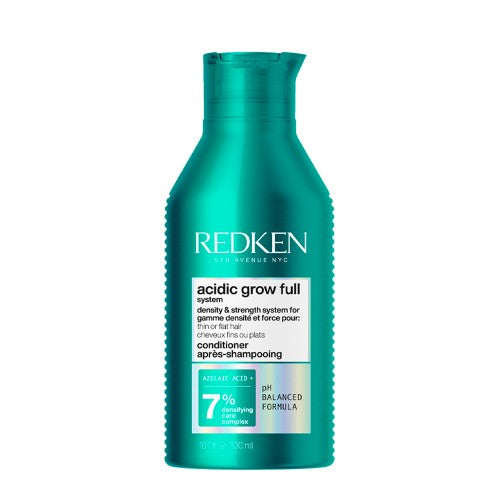 Après-shampoing Redken Acidic Grow Full 300 ml en flacon turquoise brillant avec étiquette argentée, présenté sur fond blanc, idéal pour cheveux fins pour plus de densité, force et volume.