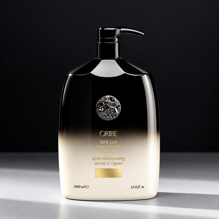 Après-shampoing réparateur ORIBE Gold Lust Repair & Restore 1000 ml, flacon pompe noir dégradé ivoire, médaillon argenté et inscriptions dorées sur fond noir.