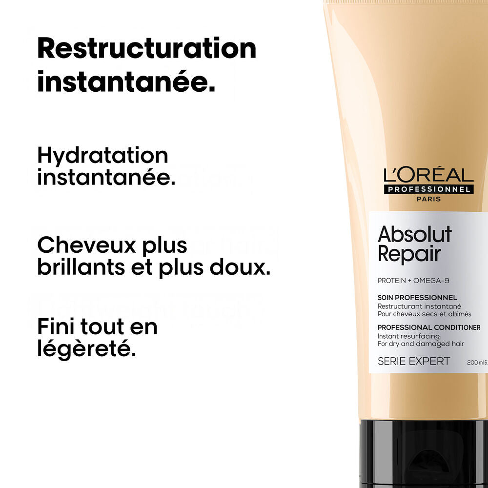 Visuel du soin L’ORÉAL Absolut Repair pour cheveux secs et abîmés présentant ses bienfaits : hydratation, restructuration, douceur et brillance.