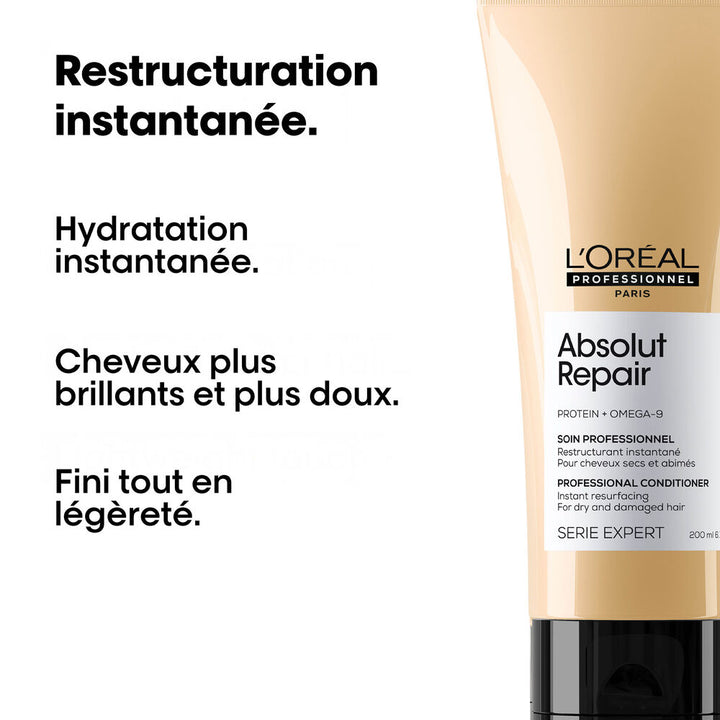 Visuel du soin L’ORÉAL Absolut Repair pour cheveux secs et abîmés présentant ses bienfaits : hydratation, restructuration, douceur et brillance.