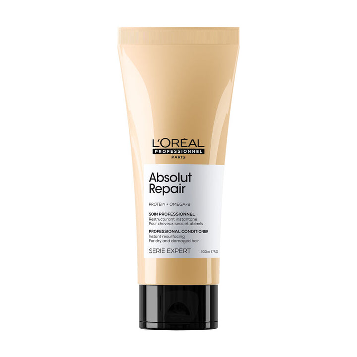 Soin revitalisant L’ORÉAL Professionnel Absolut Repair 200 ml aux protéines et Oméga-9, tube beige doré avec bouchon noir sur fond blanc.
