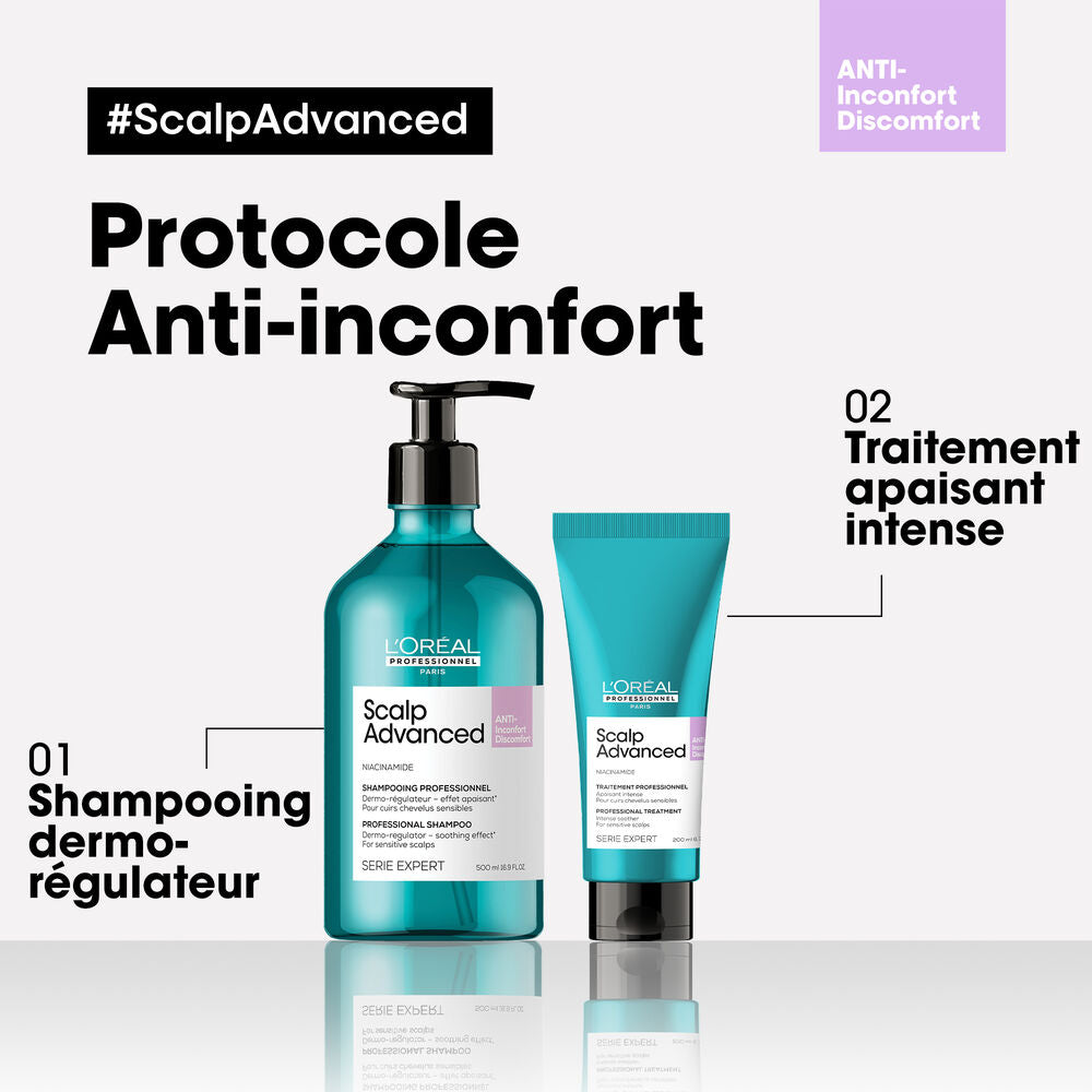 Routine L’Oréal Professionnel Scalp Advanced Anti-Inconfort avec shampooing dermo-régulateur et traitement apaisant intense pour cuir chevelu sensible.