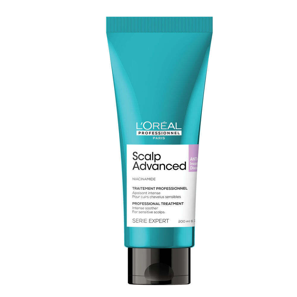 L’Oréal Professionnel Scalp Advanced Traitement Apaisant Intense 200 ml à la niacinamide, tube turquoise avec bouchon noir sur fond blanc.