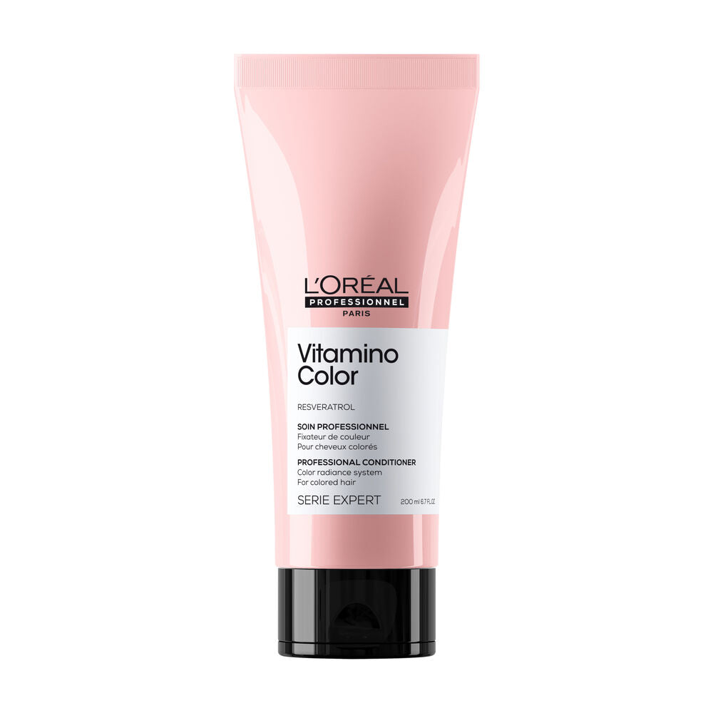 L’ORÉAL Professionnel Vitamino Color soin revitalisant 200 ml pour cheveux colorés, tube rose avec bouchon noir sur fond blanc.