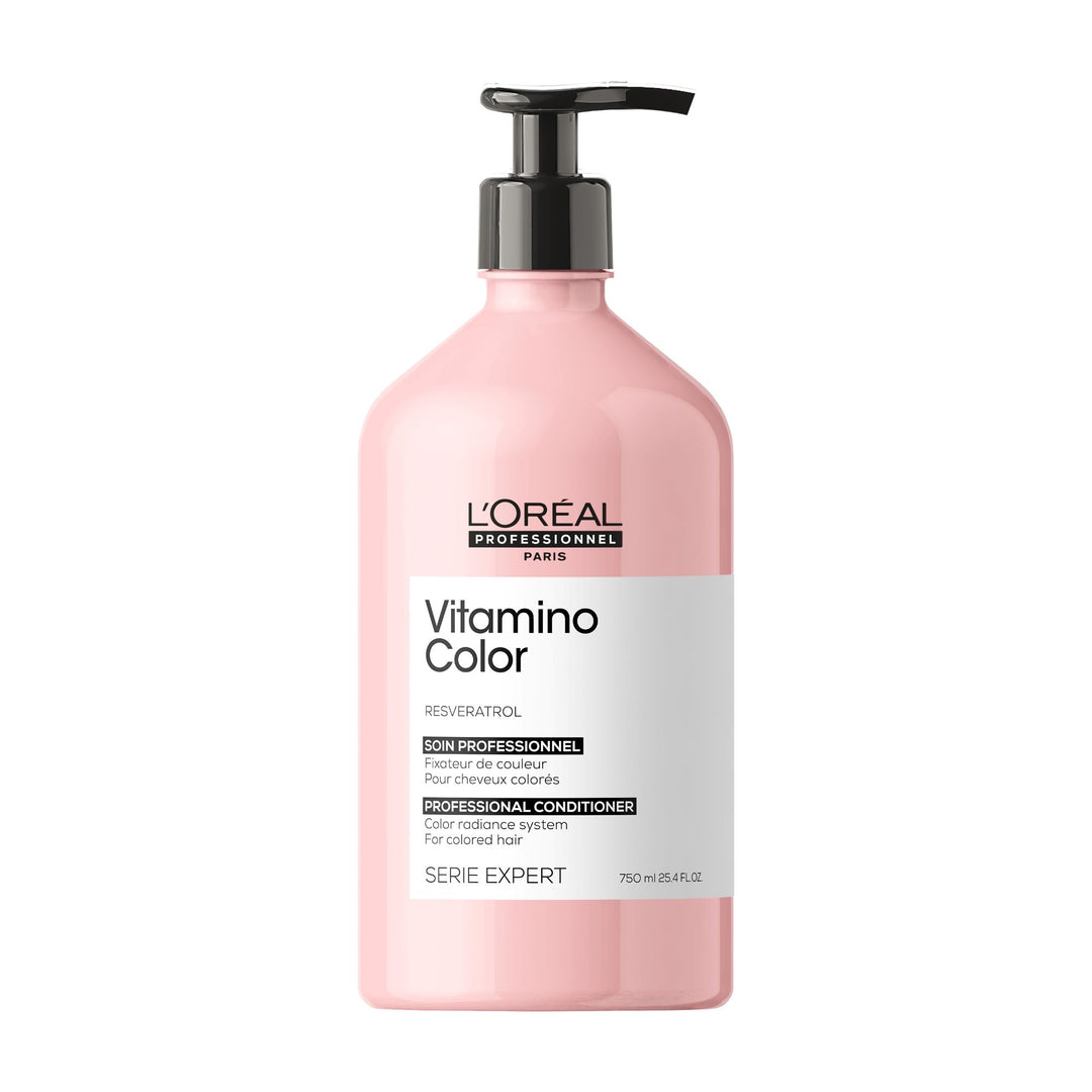 L’ORÉAL Professionnel Vitamino Color soin revitalisant 750 ml pour cheveux colorés, grand flacon rose professionnel avec pompe noire sur fond blanc.