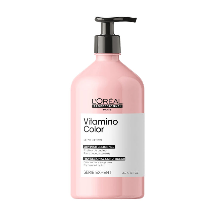 L’ORÉAL Professionnel Vitamino Color soin revitalisant 750 ml pour cheveux colorés, grand flacon rose professionnel avec pompe noire sur fond blanc.